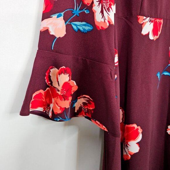 OLD NAVY Fit & Flare Dress Long Flute Sleeve BURGUNDY RED Floral size L Boho - Picture 4 of 11